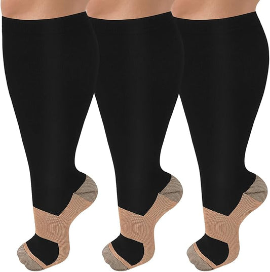 3 Pack Plus Size Compression Socks for Women & Men, Extra Wide Calf Knee High Stockings for Circulation Support
