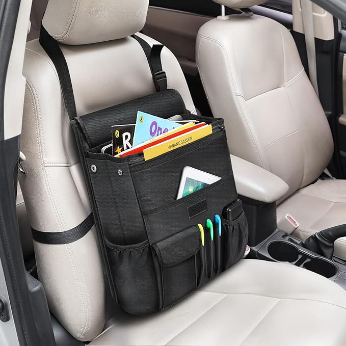 Car Front Seat Organizer| Efficient Car Organizers and Storage | Laptop,Tablet Pockets, Adjustable Straps,Kid-Friendly, Multi-Pocket, Cup Holders, Sturdy and Durable, Black