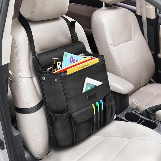 Car Front Seat Organizer| Efficient Car Organizers and Storage | Laptop,Tablet Pockets, Adjustable Straps,Kid-Friendly, Multi-Pocket, Cup Holders, Sturdy and Durable, Black