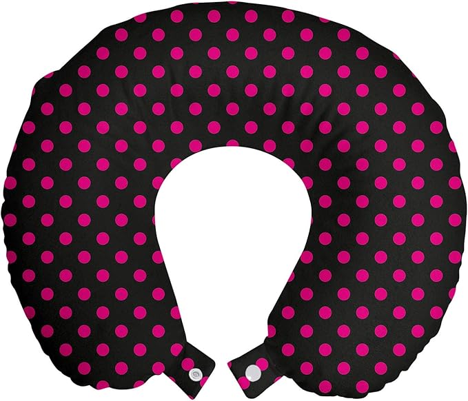 Ambesonne Hot Pink Travel Pillow Neck Rest, Old Fashioned Polka Dots Symmetrical Pattern in Vibrant Color Classical Pop, Memory Foam Traveling Accessory for Airplane and Car, 12", Black Hot Pink