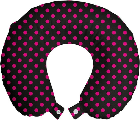 Ambesonne Hot Pink Travel Pillow Neck Rest, Old Fashioned Polka Dots Symmetrical Pattern in Vibrant Color Classical Pop, Memory Foam Traveling Accessory for Airplane and Car, 12", Black Hot Pink