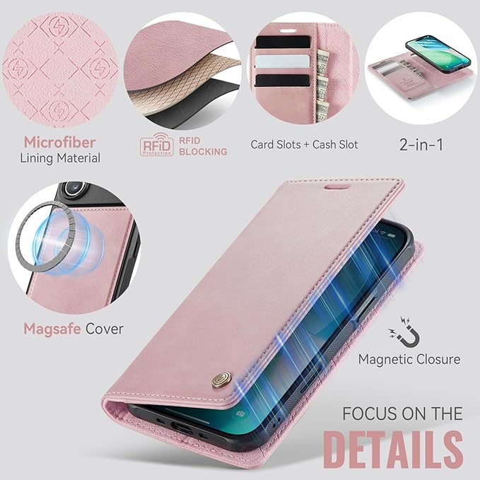 PlusnapX Wallet Case for iPhone Air Compatible with Magsafe, 2-in-1 PU Leather Flip RFID Blocking Card Holder Stand ShockAirof Magnetic Detachable Cover for iPhone 17 Air Case 6.5", Pink