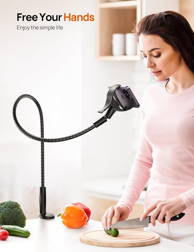 Aomiker Gooseneck Phone Holder for Bed - [2025 Upgrade Nylon Braid] 38” Long Flexible Lazy Arm Clip, 360 Adjustable Overhead Phone Mount for iPhone 15 14 13 12 11 Pro Max Mini Plus, all 4-7" Cellphone