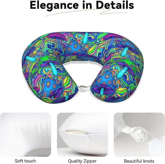 Comfortable Travel Pillow for Pain Relief Sleeping, Memory Foam Airplane Car Neck Pain Pillows Trippy Stoner Magic Mushrooms Art, Funny Chin Head Support Cushion