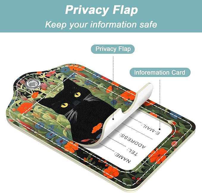 Rimilak 3 Pcs PU Leather Luggage Tags for Suitcase, Travel Cruise Luggage Tag with Privacy Flap, Name ID Label and Metal Loop for Women Men Baggage Handbag School Bag Backpack, Black Cat