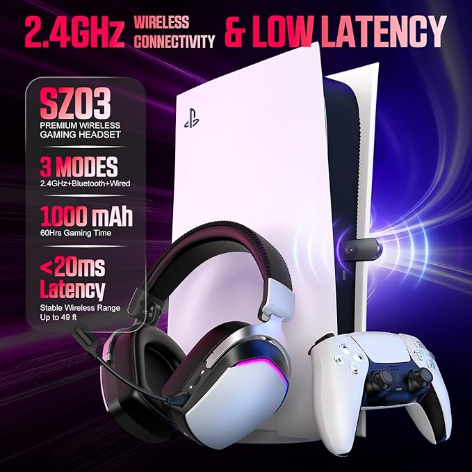 Wireless Gaming Headset for PS5 PS4 PC Mac Switch, RGB Headphones with 7.1 Surround Sound, Bluetooth 5.4, 60H Battery, Noise Canceling Mic & 50mm Drivers