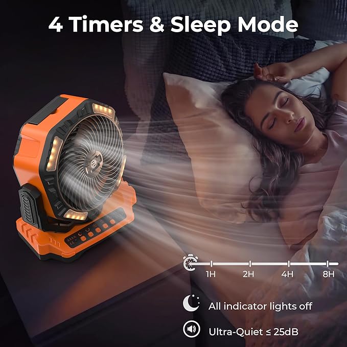 20000mAh Camping Fan with Light - 12in Rechargeable Battery Powered Fan (68H Cool Max), 90°Auto Oscillating with Remote & Hook, 4 Speeds & Timers for Outdoor/Patio/Garage/Jobsite/Hurricane/Outage