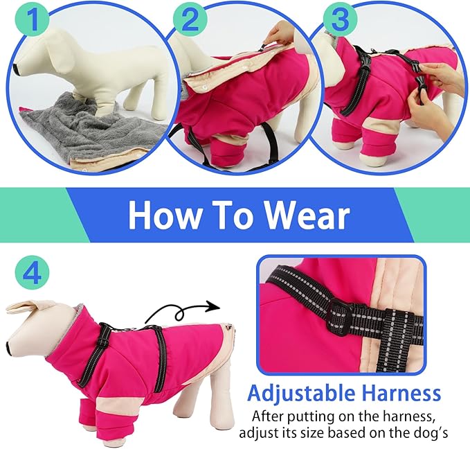 MIGOHI Rainproof Dog Winter Jacket with Harness,XXL Large Fleece Dog Coat with Sleeves,Adjustable Pet Puffer Jacket Snowsuit Cold Weather Coats for Golden Labrador Retriever,XXL,Rosered