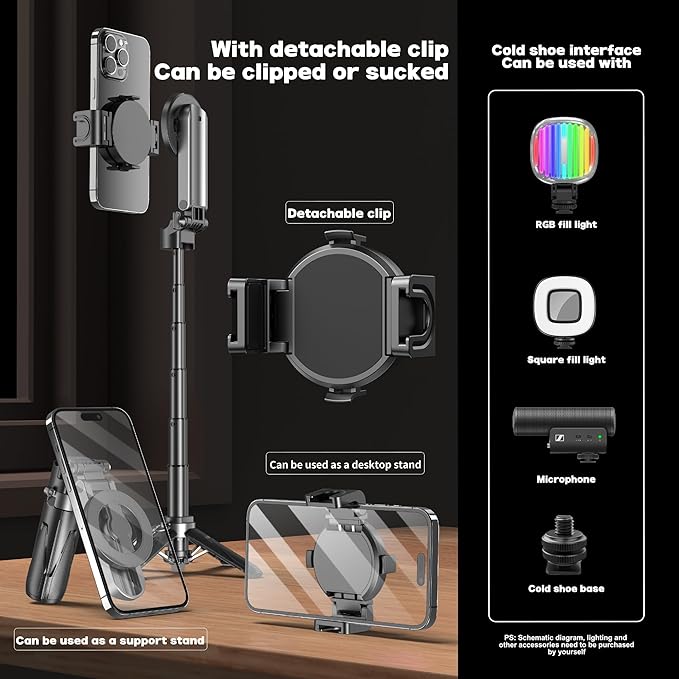 Magnetic Tripod for Phone with Remote Control, Extendable Selfie Stick Handle Grip Pocket Size, 4-in-1 Mini Phone Grip, 10m Wireless Shutter for iPhone Android Phones （Black）