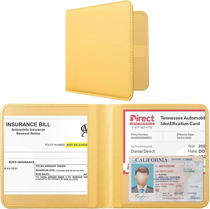 CoBak Car Registration and Insurance Holder - Small and Lightweight Vehicle Glove Box Car Organizer, Auto Truck Comparment Accessories Case for Essential Document, Driver License (Mustard Yellow)