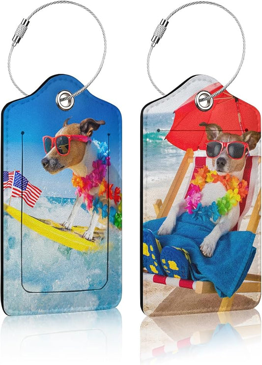 2 Pack Luggage Tag for Suitcase,Funny Dog Luggage Tag with PU Leather Privacy Cover ID Label & Stainless Steel Loop for Women Men Travel Bag Suitcase