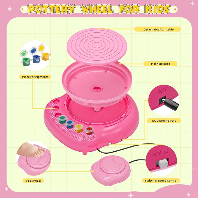 Weilim Pottery Wheel for Kids Complete DIY Pottery Painting Kit for Ages 8-12 Beginners with 4 Air-Dry Clay Packs and Tools, Arts Supplies Toys Birthday Gift for Boys Girls 6+ Years Old (Pink)