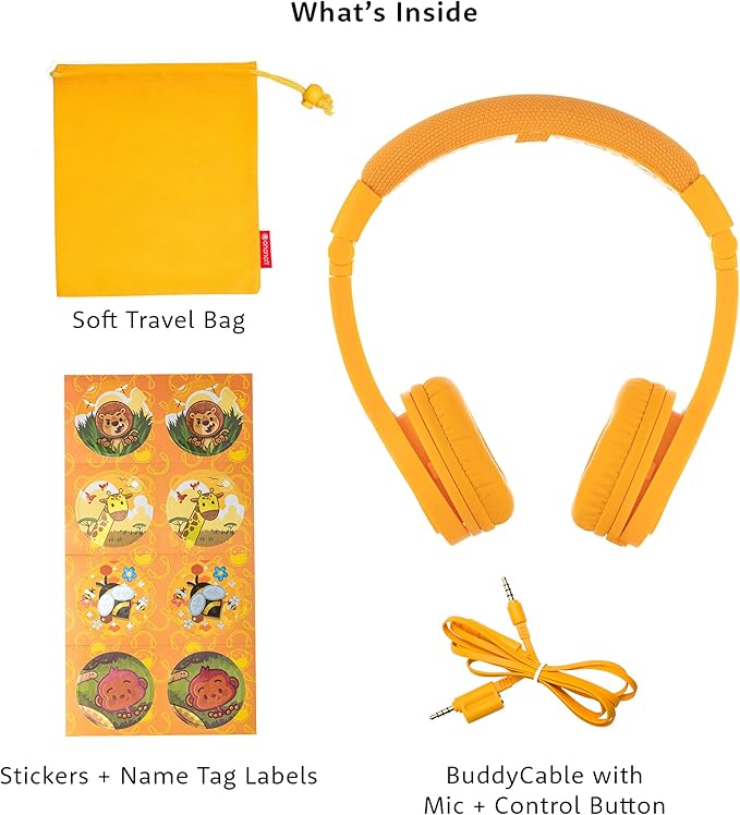 BuddyPhones Explore Plus | Foldable Kids Wired Headphones, Built-in Audio Sharing Cable with in-Line Mic - SafeAudio Volume-Limiting for Kindle, iPad, iPhone, or Android (Sun Yellow)