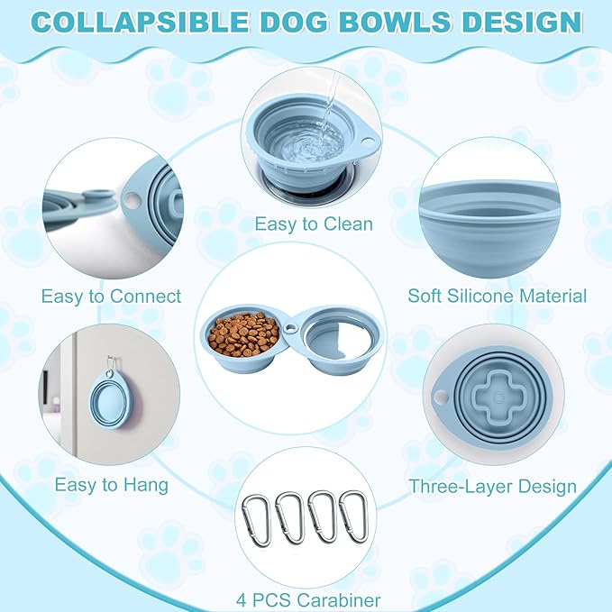 2-Pack Silicone Collapsible Dog Bowls with 4 Carabiners, Food-Grade Portable Pet Travel Bowls for Dogs & Cats, Foldable Water Feeder for Outdoor, Hiking, Camping(Blue)