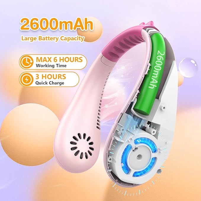 Kids Neck Fan, Portable Bladeless Fans for Kid 4-14Y Girls & Boys, 2600mAh USB Personal Mini Cooling Fan for Travel/Camping/Study, 4 Speeds, Lightweight, Compact, Perfect Summer Gifts for Kids