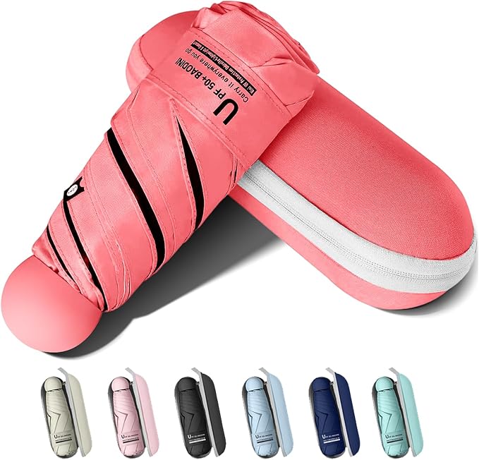 BAODINI Travel Essentials Mini Umbrella for Purse With Case Small Compact UV Sun Protection Lightweight Tiny Pocket Manual Open Close Umbrella for Women Kids and Men Fit Purse Backpack