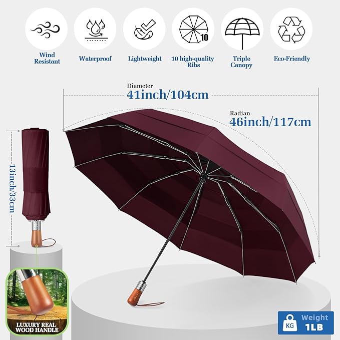Umbrellas for Rain, 47" Large Windproof Travel Umbrella, Triple-Layer Vented Canopy, 10 Fiberglass Ribs, Auto Open Close Compact Umbrella, Wooden Handle, Heavy Duty for Commute, Gifts for Men & Women