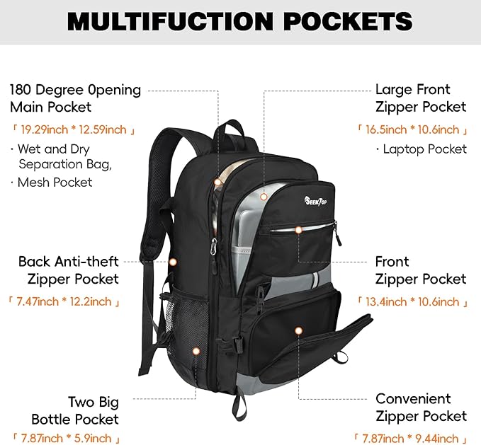 Seektop 40L Foldable Hiking Backpack for Women Men Lightweight Packable Travel Backpack Carry on Flight Approved for Outdoor Camping Sport Leisure (Black)