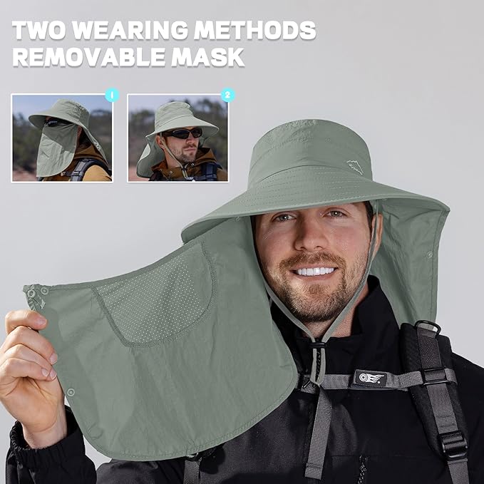 Rosoz Sun Hat for Men Women with Neck Flap,Wide Brim UPF50+ Fishing Hat with Detachable Face Cover Outdoor Sun Protection Hat