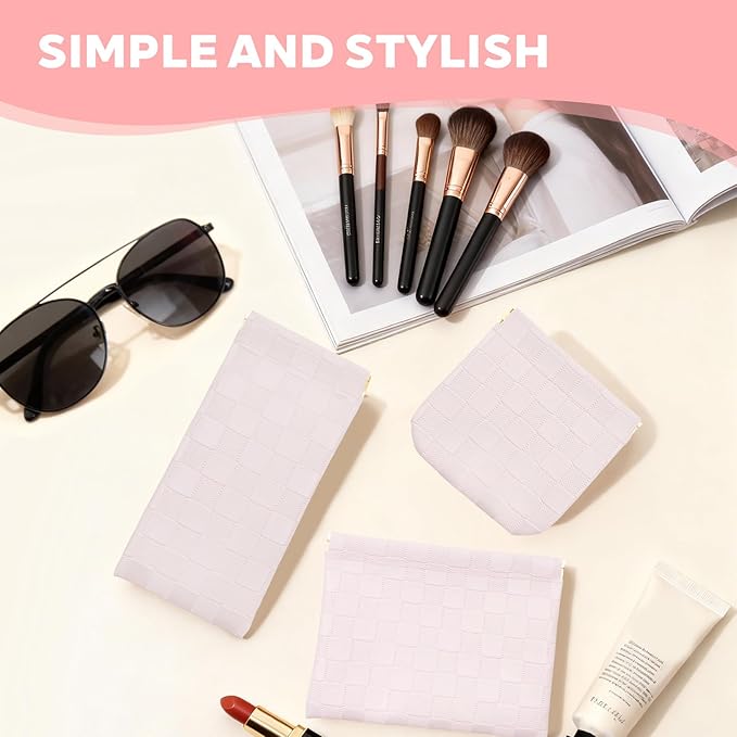 3PCS Small Makeup Bag for Women, Mini Cosmetic Bags Leather Pocket Pouch Purse,Snap Closure Waterproof Portable Bag,Checkered Storage Travel Bag for Lipstick Change Glasses Coin Cards (Pink)