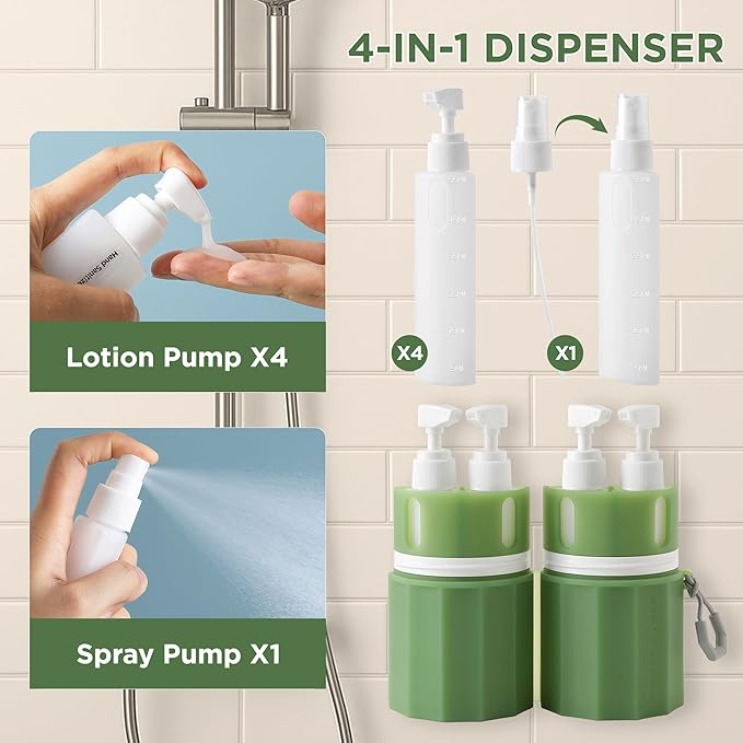 4-in-1 Travel Bottles for Toiletries, TSA Approved Travel Size Toiletries, Leak Proof Refillable Travel Size Shampoo and Conditioner Sets with Wall-Mountable Suction Cup, Green