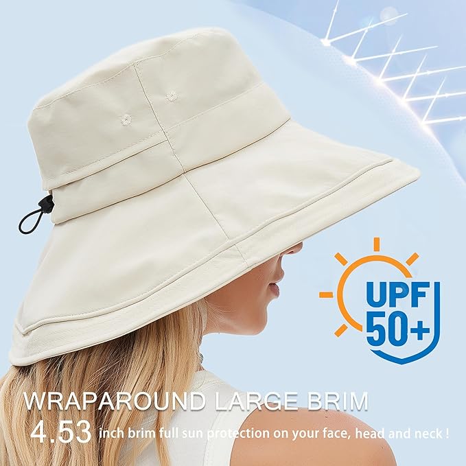 Sun Hats for Women Men UV Protection Wide Brim Bucket Hat with Ponytail Hole Waterproof Gardening Fold-Up Summer Cap