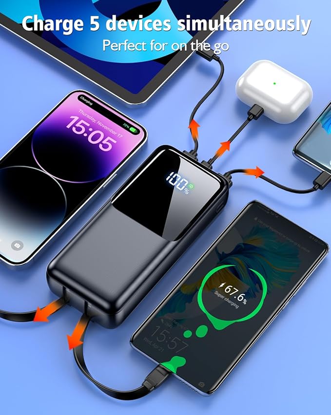 Portable Charger Power Bank - 40000mAh Battery Pack Portable Charger with Built in Cables 22.5W Fast Charging Powerbank Compatible with iPhone Android Samsung Phone, Travel Camping Essential