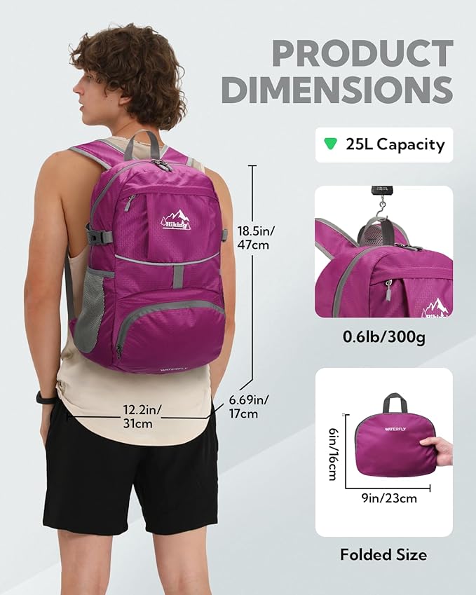 WATERFLY Hiking Packable Daypack Backpack: 25L Ultra Lightweight Day Pack for Woman Man - Small Compact Folding Back Pack for Outdoor Sport Cycling Camping Travel Trip - Rose red