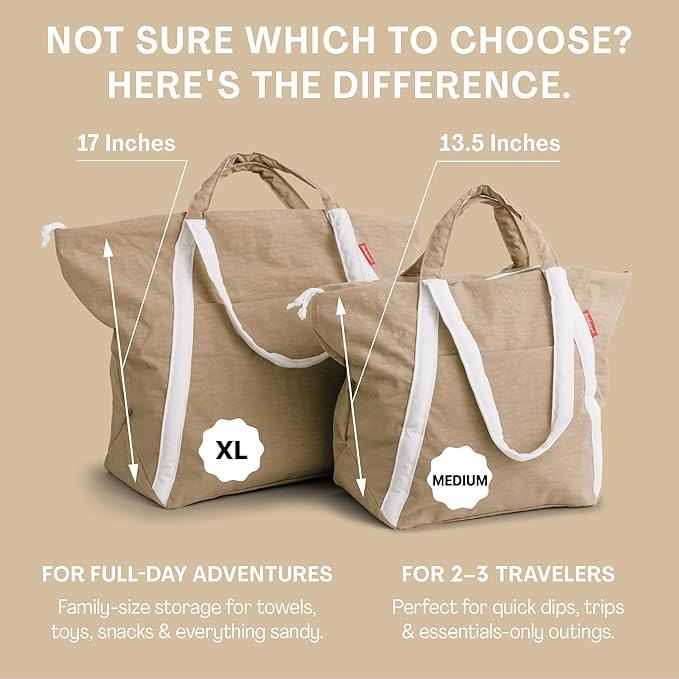 Bodysurf Beach Bags Waterproof Sandproof - Packable Foldable Nylon Zipper Tote Bag for Travel Lightweight, Pool, Boat, Cruise