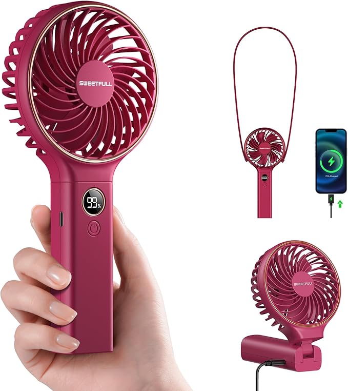 SWEETFULL Handheld Portable Fan, 5000mAh Rechargeable Battery, 6 Speed Wind, LED Digital Display, Foldable Electric Personal Mini Travel Fan with Backup Power, Summer Essentials Gifts for Women Girl