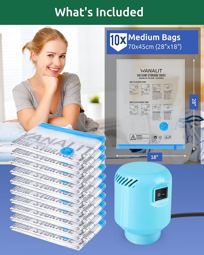 Vacuum Storage Bags with Electric Pump, 10 Pack Medium Size（28"x 18"） Reusable Compression Space Saving Bag for Clothes, Bedding, Mattress, Blankets, Pillows, Comforters, Travel