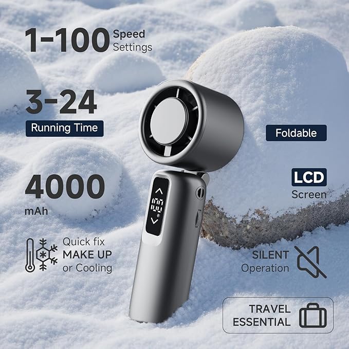 Guirngou Portable Handheld Turbo Fan, 1-100 Gear Wind, Battery Operated, Up to 23 Working Hours, 3 IN 1 Personal Fan with Air Turbo Tech, Cooling Essentials for Indoor/Outdoor(Grey)
