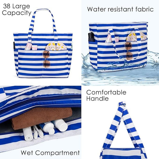 KABAQOO Extra Large Beach Bag Waterproof Sandproof Women Beach Tote with Zipper & Wet Compartment for Pool Gym Grocery Travel