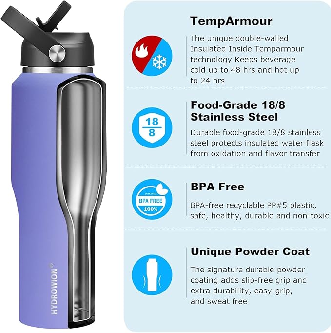 HYDROWION 40 oz Insulated Water Bottle with Straw fit in Car Cup Holder(Cold 48 hrs, Hot 24 hrs) Drinking Bottle with Straw Lid, Spout Lid and Flex Cap Leakproof Travel Thermo Mug，Purple