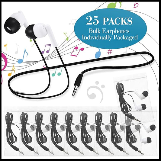 Kanayu 100 Pack Wired Earbuds Bulk for Classroom Ear Headphones Wired Basic Student Earbuds No Microphone with 3.5MM Jack for Class Laptop School Library, Individually Bagged (Black White)