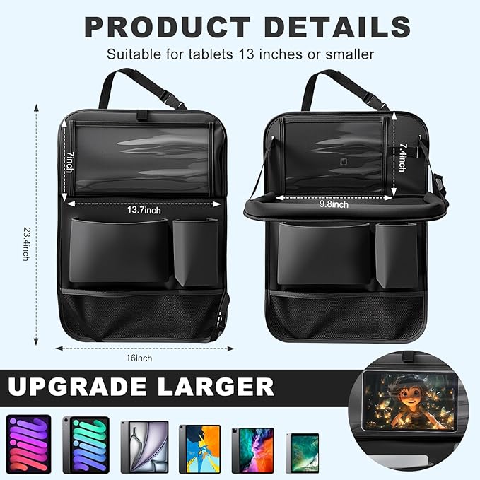 Car Backseat Organizer with Tablet Holder,6 Storage Pockets Car Storage Organizer with Foldable Food Tray,Kick Mats Backseat Protector Travel Accessories (Black)