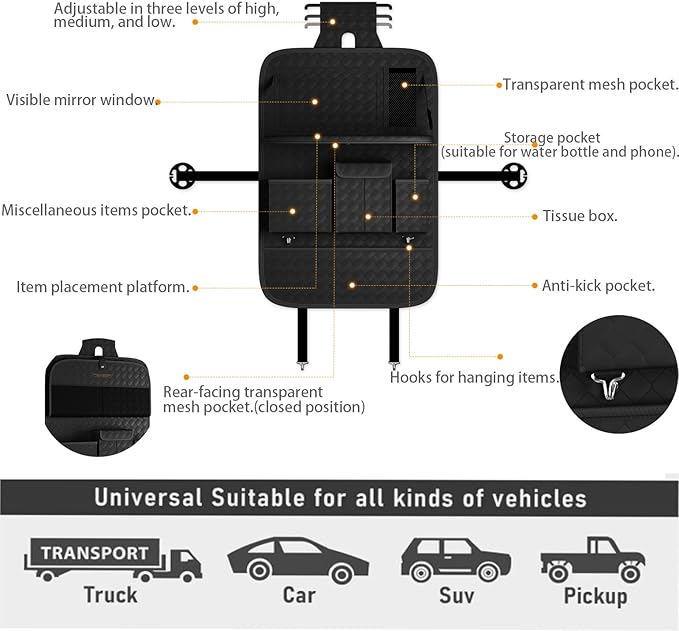 Car Seat Organizers,Multi-functional Back Seat Protectors, Storage Pouches, and Tray Holders (for Cars, Kids, Seat Back and Rear Seats) (Woven Black, 2 Pcs)