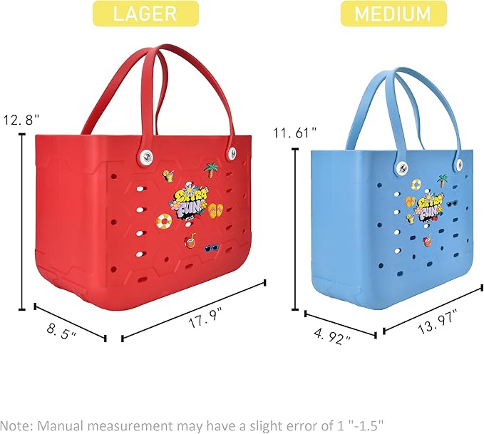 2-Piece Tote Bag Set, Waterproof Rubber Beach Bag with Summer Pattern, Medium & Large Handbag for Pool, Beach, Boat