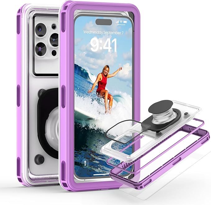 Waterproof Phone Pouch Case 7.5", 2025 Upgraded IPX8 Waterproof Phone Case for Snorkeling, Universal Fit for iPhone 16 Pro Max 15 14 13, Galaxy S25, Beach Vacation Essentials (Purple)