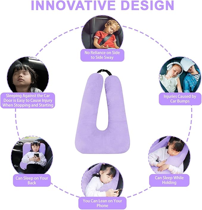 Travel Pillow, Travel Pillow for Kids, Sleeper Hold Pillow Travel, Removable U-Shaped Pillow for Adults and Children to Support Head and Body in The Back Seat of Long Car Trips (Lightpurple)