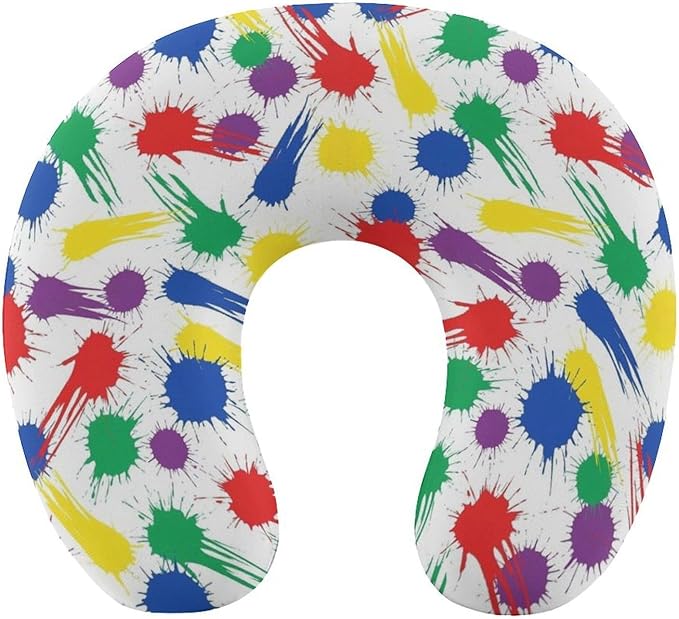 Fashion Travel Pillow Memory Foam Chin Head Support Colorful Paint Splatter, Breathable Washable Cover for Women Men Airplane Car Decor