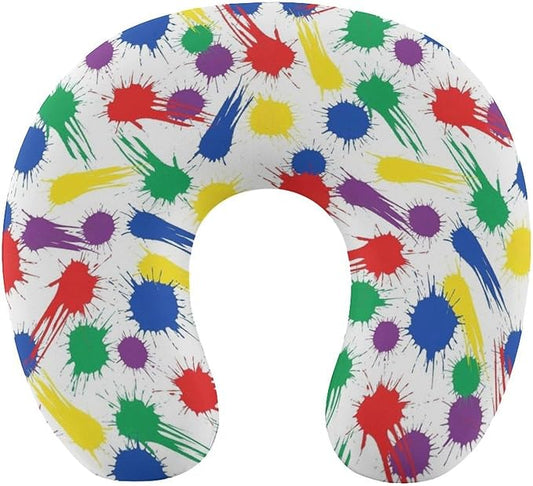 Fashion Travel Pillow Memory Foam Chin Head Support Colorful Paint Splatter, Breathable Washable Cover for Women Men Airplane Car Decor