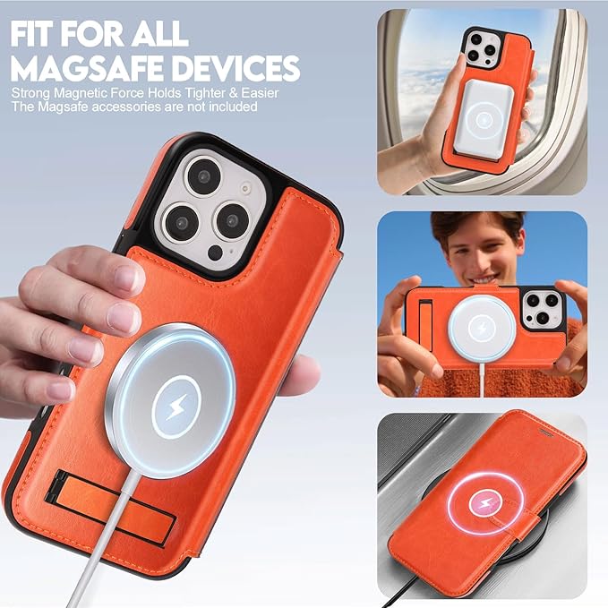 CIVICASE for iPhone 16 Pro Wallet Case with Stand,PU Leather Flip Credit Card Holder Slots (RFID Blocking),Compatible with Magsafe Magnetic Holder Phone Cover Women Men,Orange