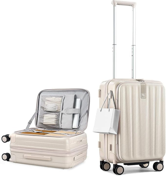 Hanke 20 Inch Expandable Carry On Luggage Airline Approved Top Opening Hard Shell Suitcases with Wheels Lightweight Travel Luggage Carry On Suitcase for Woman Men-Ivory White