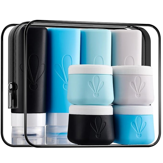 INSFIT 8 Pack Silicone Travel Bottles & Cream Jars with Toiletry Bag, 3oz Leakproof Containers & 2oz Jars with Waterproof Labels, BPA-Free Squeezable Toiletries Set for Shampoo, Lotion, Cosmetics