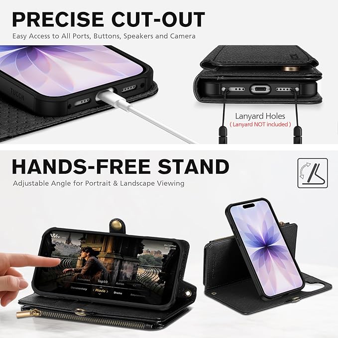 TUCCH Removable Crossbody Case Wallet for iPhone 17 6.3" 2025, 9 Card Slot RFID Blocking, Stand, Lanyard, Wrist Strap, Wireless Charging, Zipper Pocket, PU Leather, Magnetic Flip Cover, Textured Black