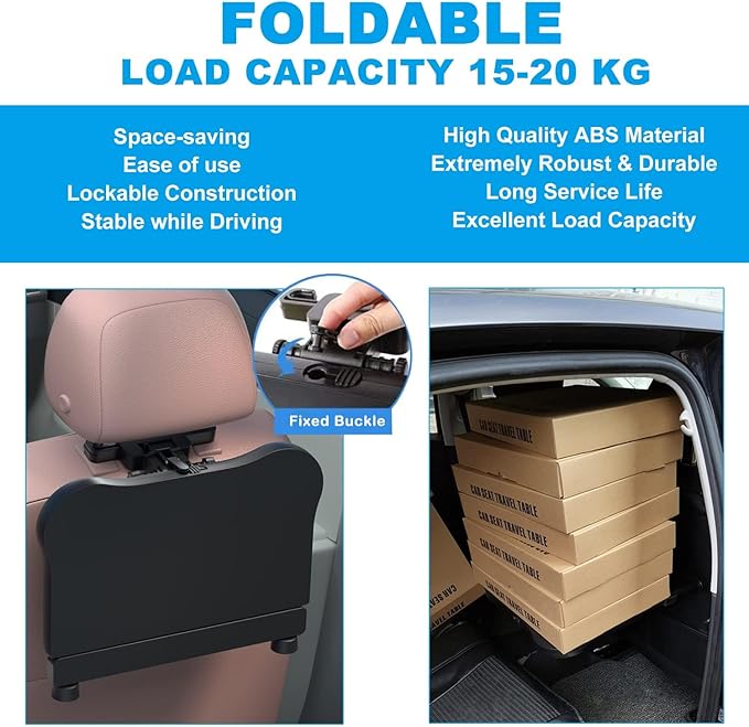 Car Back Seat Tray Table - Stable Foldable Auto Backseat Food Trays Desk for Rear Passenger Road Trip Eating & Work, Multifunctional Adjustable Travel Tray with Phone Drink Holder for Laptop iPad