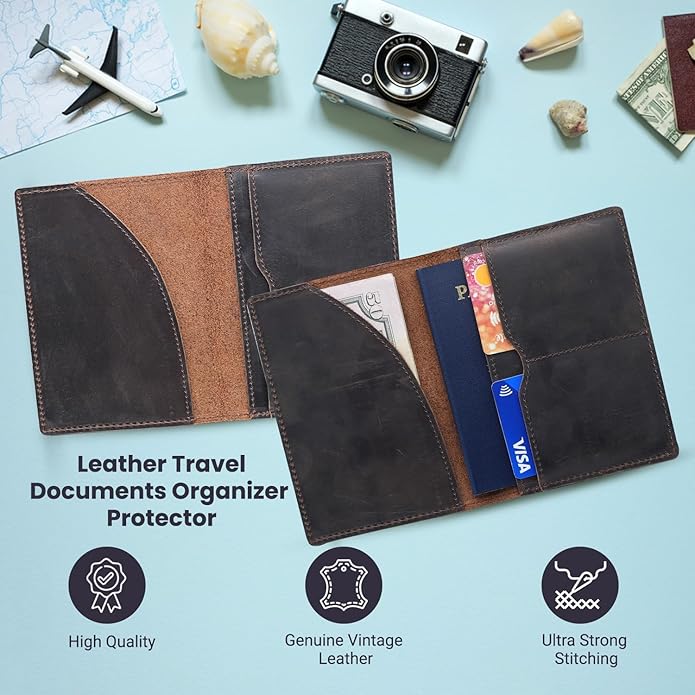 Retro Travel Genuine Leather Passport Holder with Folding Wallet Design