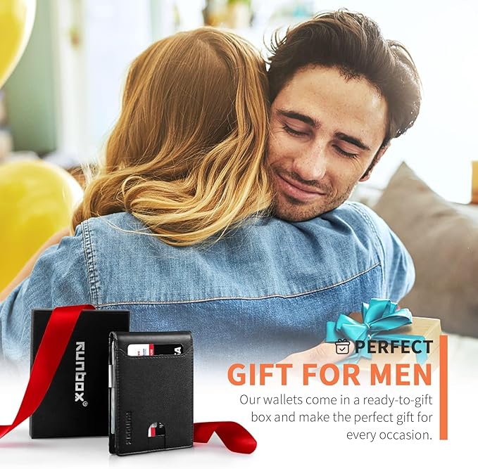 RUNBOX Slim Wallets for Men - Leather Money Clip Mens Wallet - RFID Blocking Front Pocket Bifold Wallet - Minimalist Credit Card Holder with Gift Box