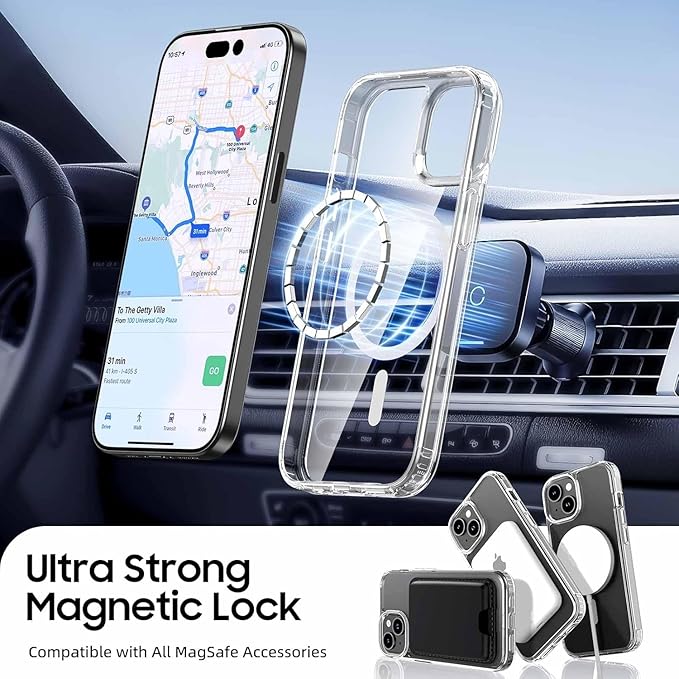 Magnetic for iPhone 14 Plus & iPhone 15 Plus Clear Case (Compatible with MagSafe) with Black Detachable Wallet & Card Holder for 3 Cards [RFID Blocking] Military Grade Protective Slim Phone Cover